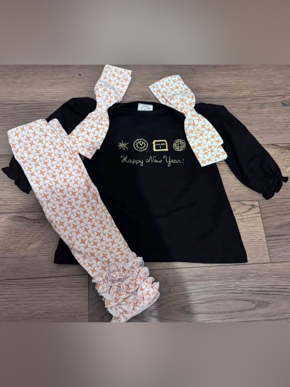 Happy New Year Black Top with Star-Print Ruffle Leggings Set